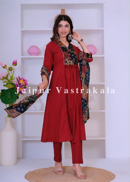 Maroon Heritage Patch A-line Cotton Dupatta Set
