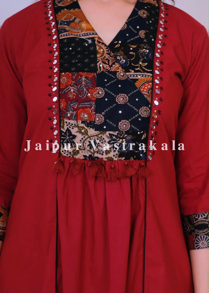 Maroon Heritage Patch A-line Cotton Dupatta Set