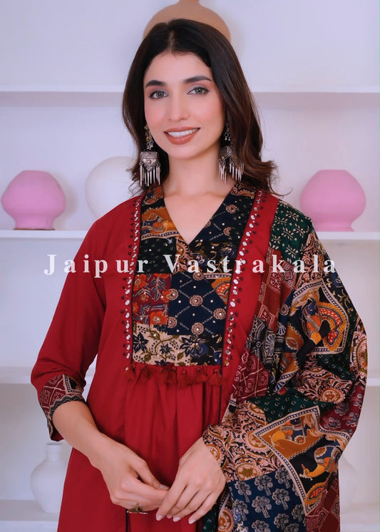 Maroon Heritage Patch A-line Cotton Dupatta Set