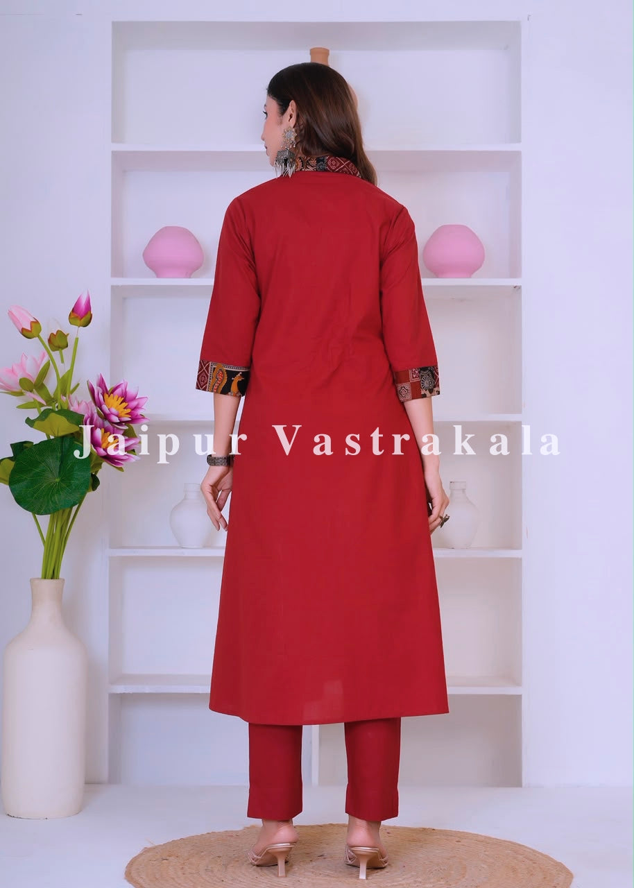 Maroon Heritage Patch A-line Cotton Dupatta Set