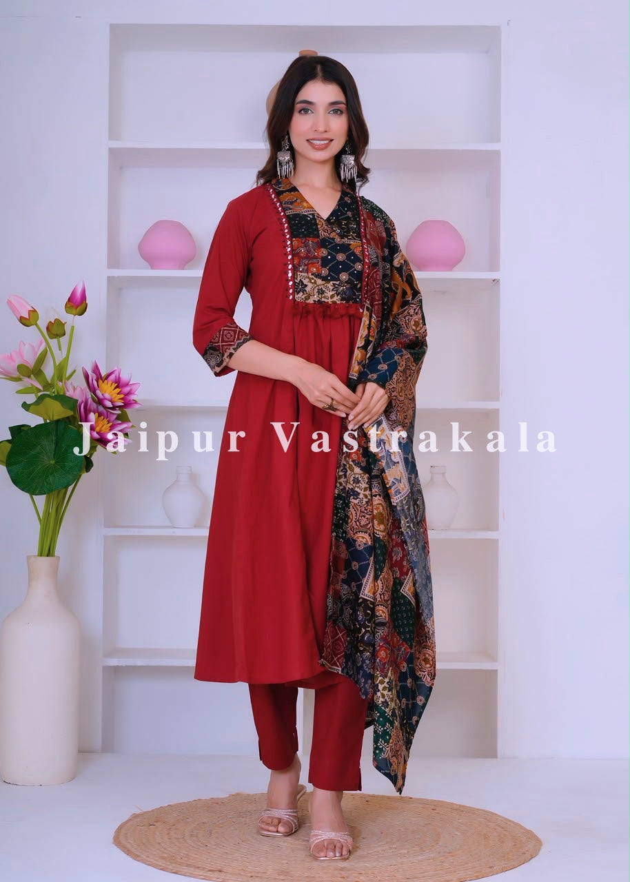 Maroon Heritage Patch A-line Cotton Dupatta Set