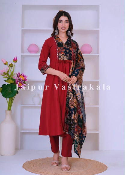 Maroon Heritage Patch A-line Cotton Dupatta Set