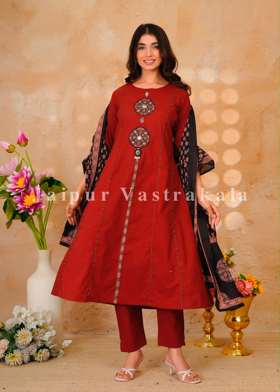 Maroon Mirror Patch A-line Cotton Dupatta Set