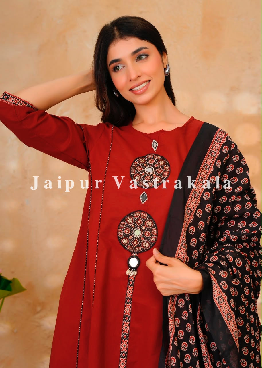 Maroon Mirror Patch A-line Cotton Dupatta Set