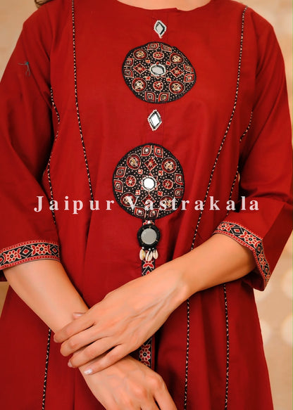 Maroon Mirror Patch A-line Cotton Dupatta Set