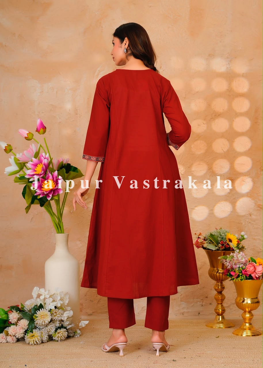 Maroon Mirror Patch A-line Cotton Dupatta Set