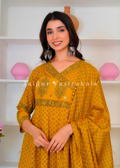 Mustard Mughal Anghrakha Cotton Dupatta Set