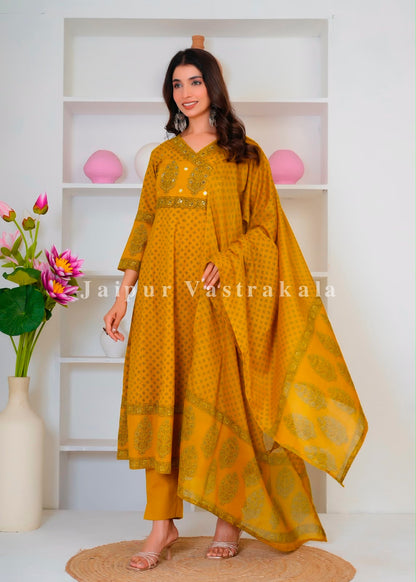 Mustard Mughal Anghrakha Cotton Dupatta Set