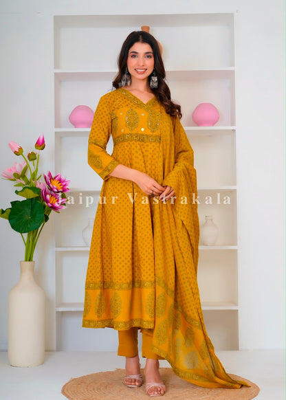 Mustard Mughal Anghrakha Cotton Dupatta Set