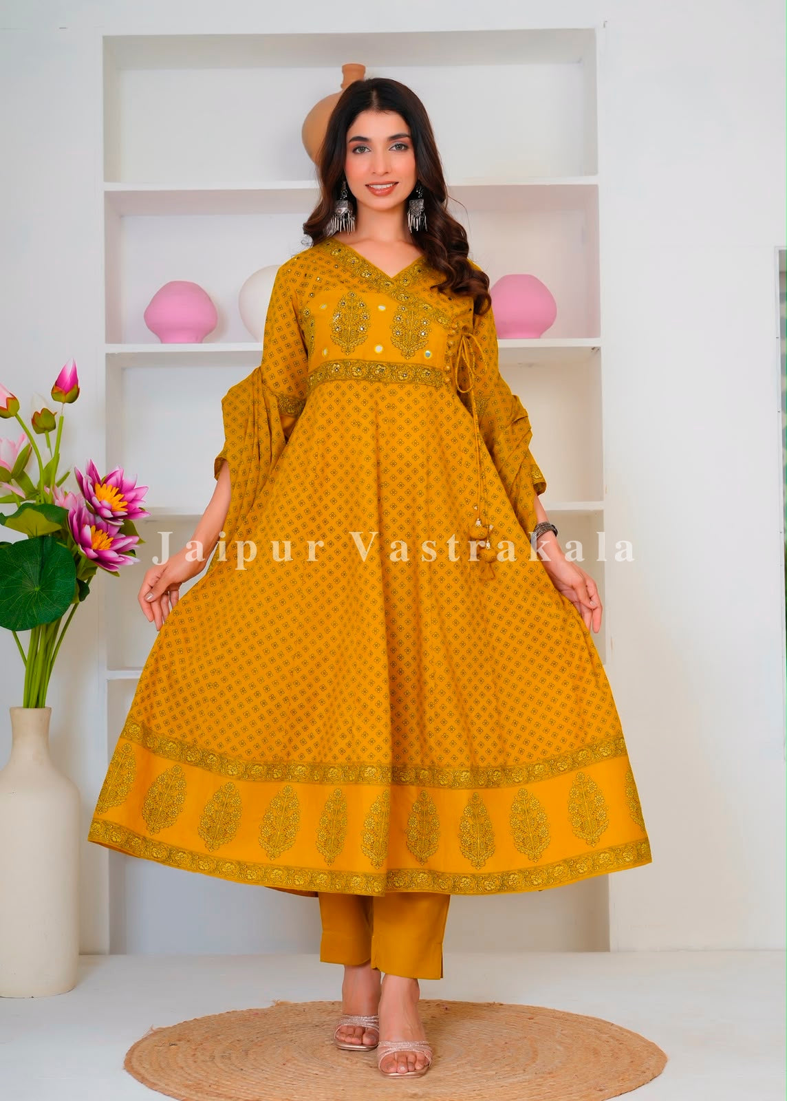 Mustard Mughal Anghrakha Cotton Dupatta Set