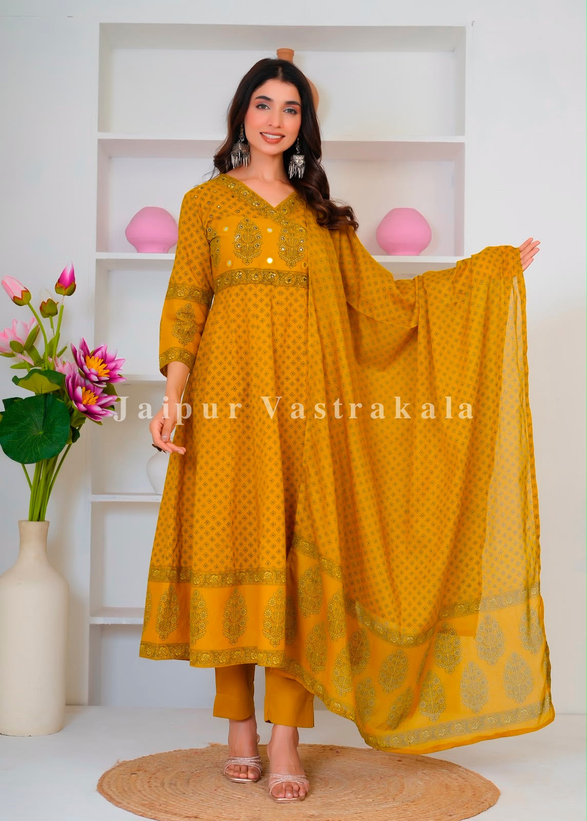 Mustard Mughal Anghrakha Cotton Dupatta Set