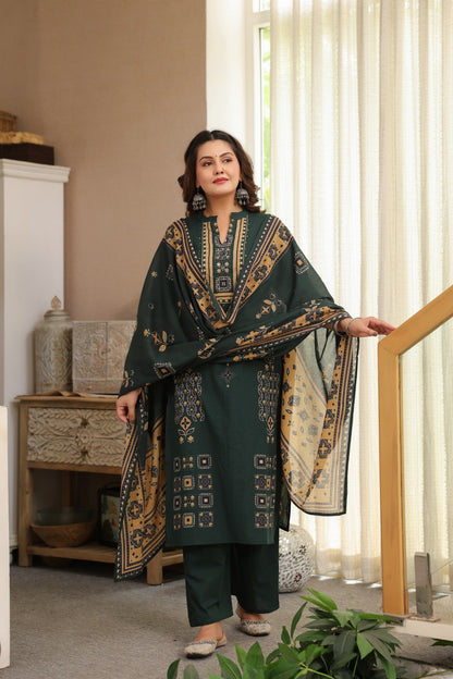 Green Ajrakh Placement Cotton Dupatta Suit