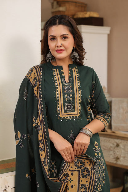 Green Ajrakh Placement Cotton Dupatta Suit
