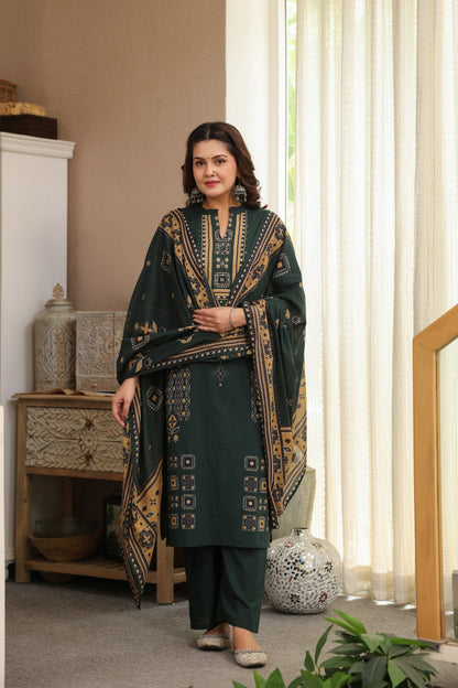 Green Ajrakh Placement Cotton Dupatta Suit