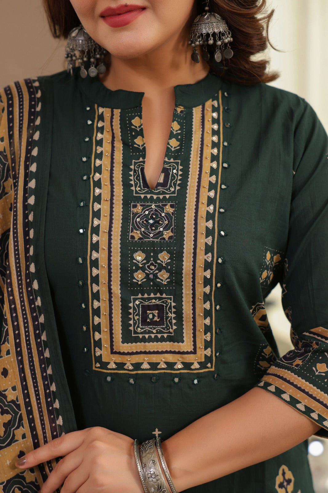 Green Ajrakh Placement Cotton Dupatta Suit