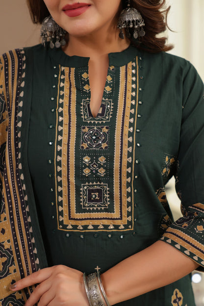 Green Ajrakh Placement Cotton Dupatta Suit