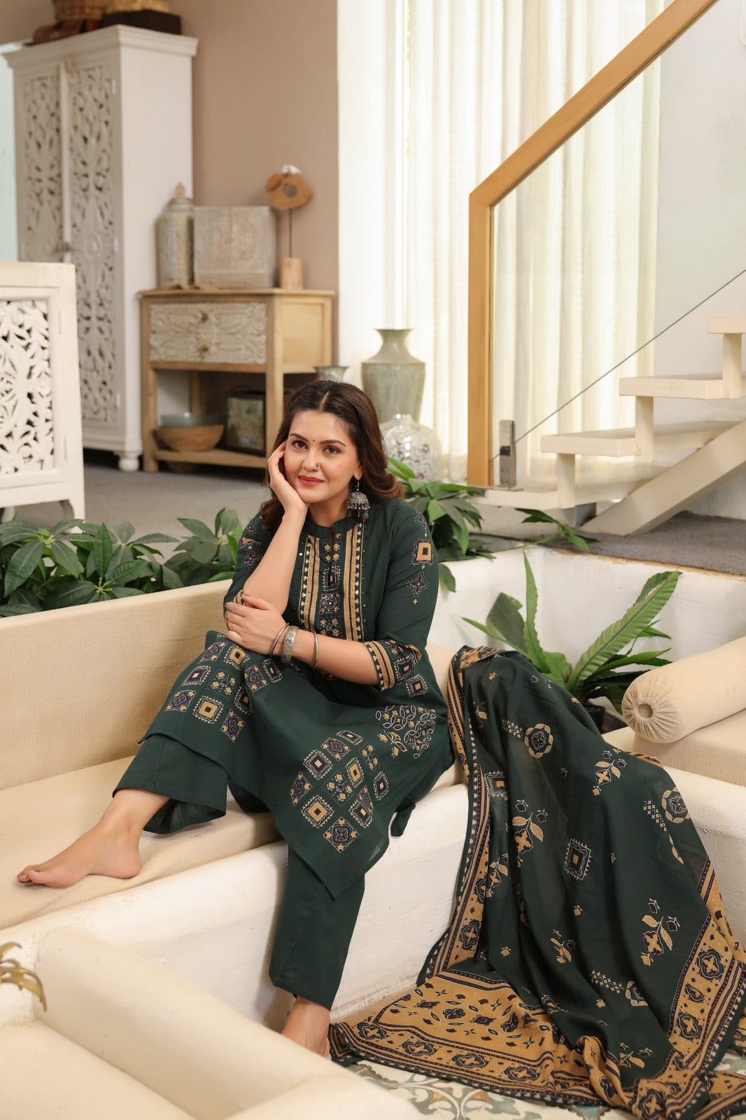Green Ajrakh Placement Cotton Dupatta Suit