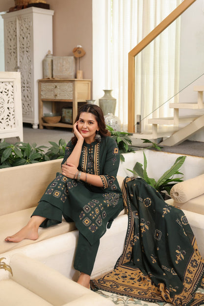 Green Ajrakh Placement Cotton Dupatta Suit