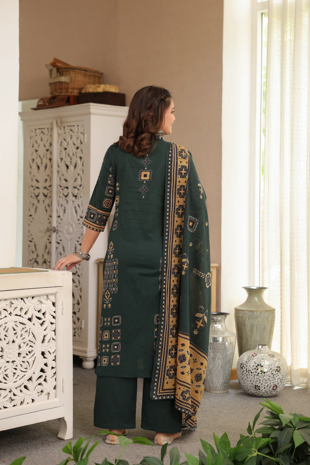 Green Ajrakh Placement Cotton Dupatta Suit
