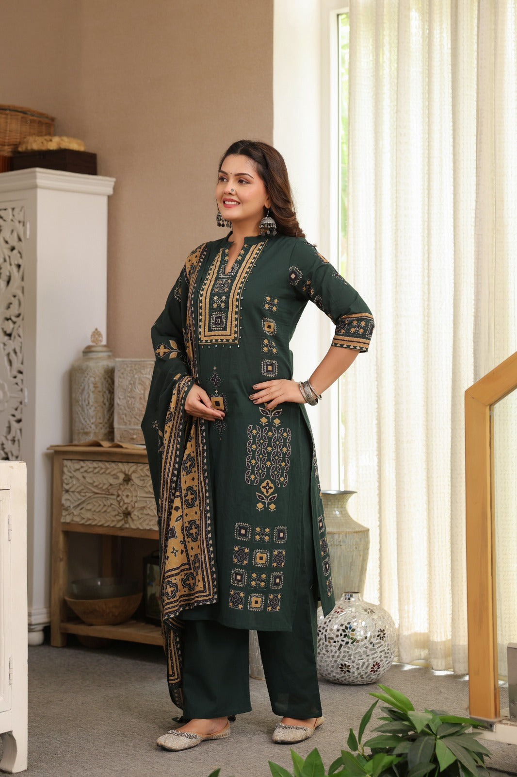 Green Ajrakh Placement Cotton Dupatta Suit