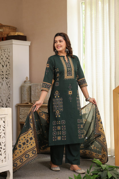 Green Ajrakh Placement Cotton Dupatta Suit