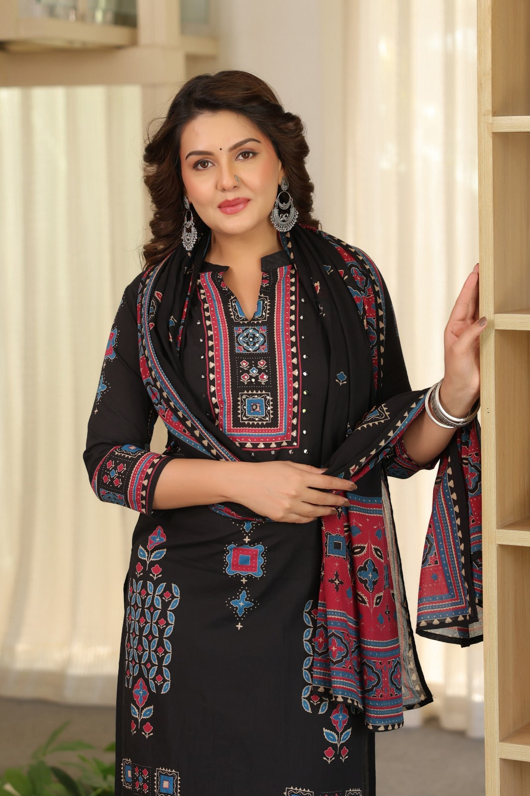 Black Ajrakh Placement Cotton Dupatta Suit