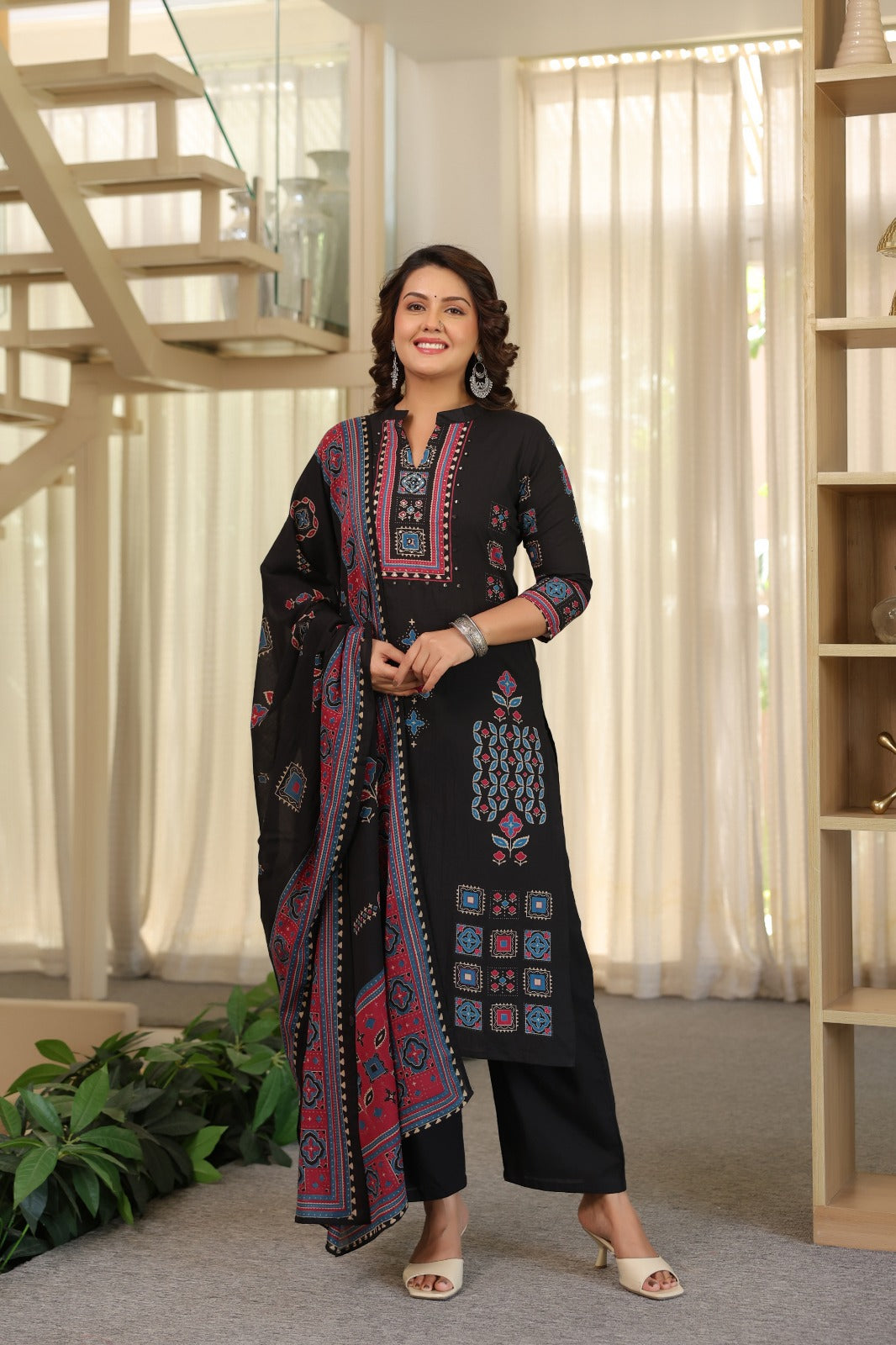 Black Ajrakh Placement Cotton Dupatta Suit