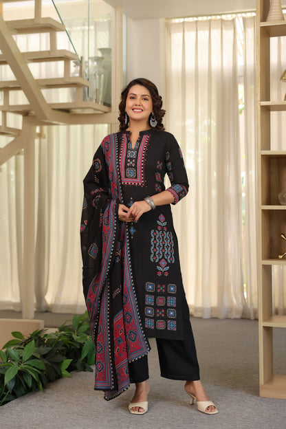 Black Ajrakh Placement Cotton Dupatta Suit