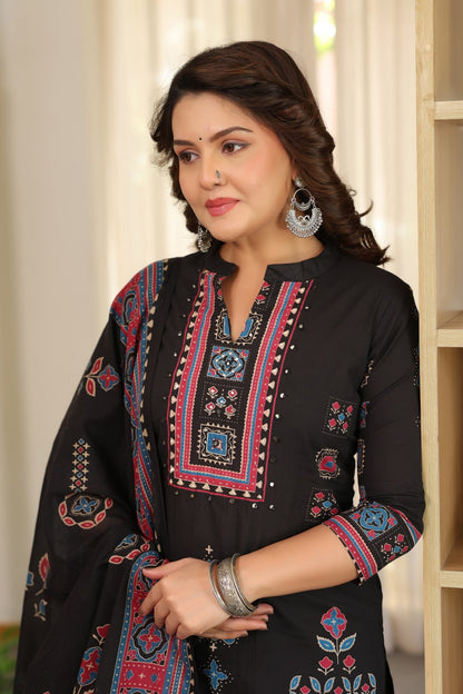Black Ajrakh Placement Cotton Dupatta Suit