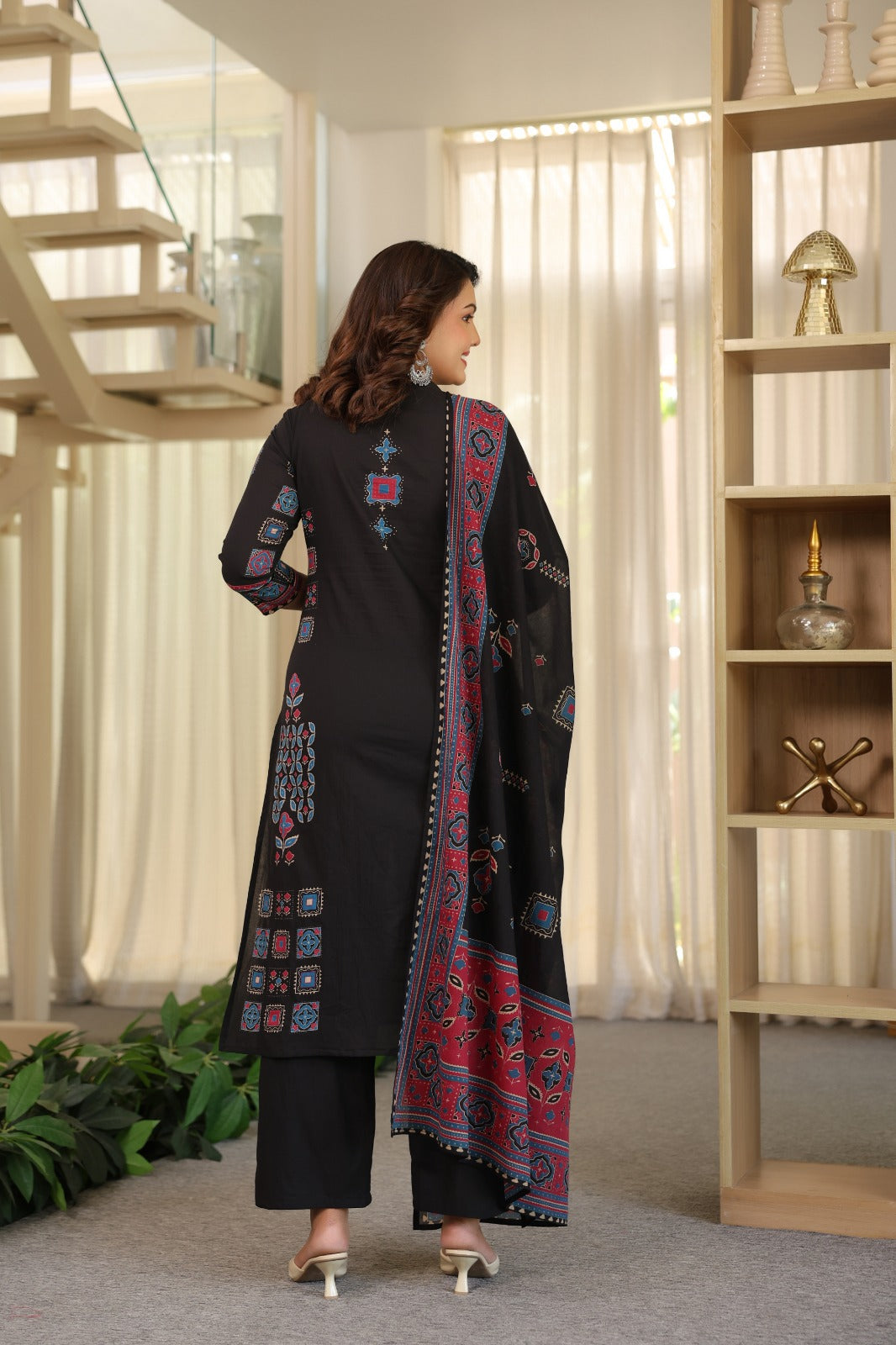 Black Ajrakh Placement Cotton Dupatta Suit