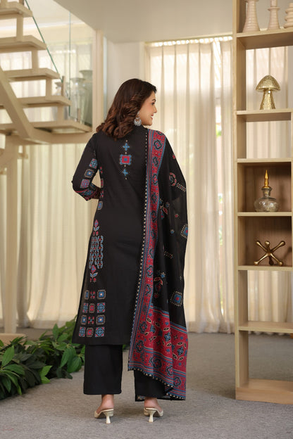 Black Ajrakh Placement Cotton Dupatta Suit