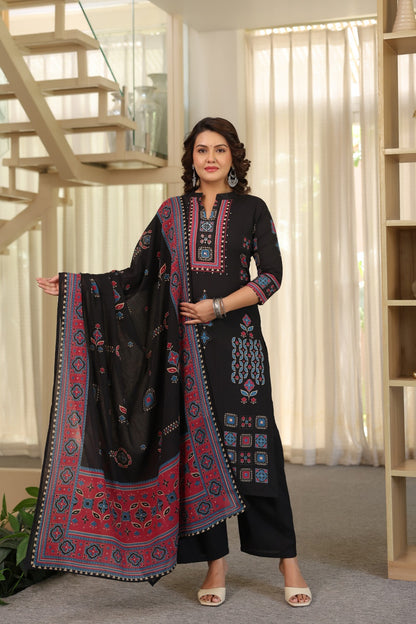 Black Ajrakh Placement Cotton Dupatta Suit