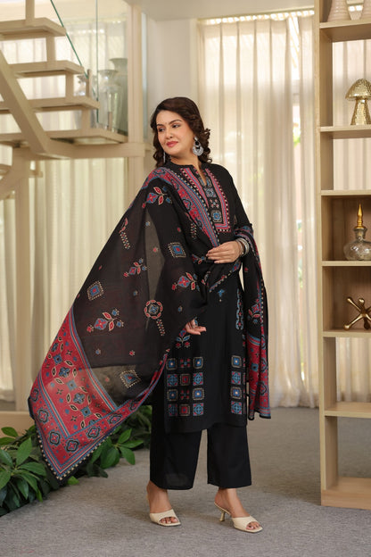 Black Ajrakh Placement Cotton Dupatta Suit