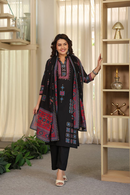 Black Ajrakh Placement Cotton Dupatta Suit