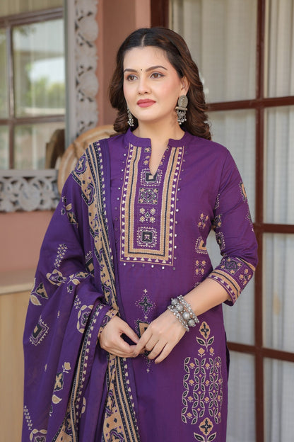 Purple Ajrakh Placement Cotton Dupatta Suit