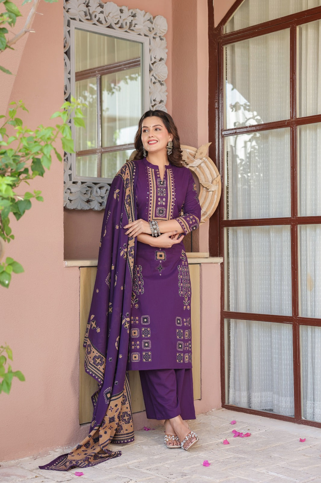 Purple Ajrakh Placement Cotton Dupatta Suit