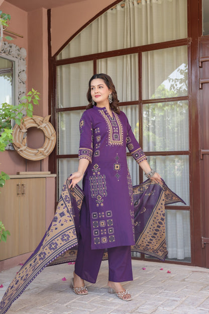 Purple Ajrakh Placement Cotton Dupatta Suit