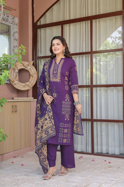 Purple Ajrakh Placement Cotton Dupatta Suit