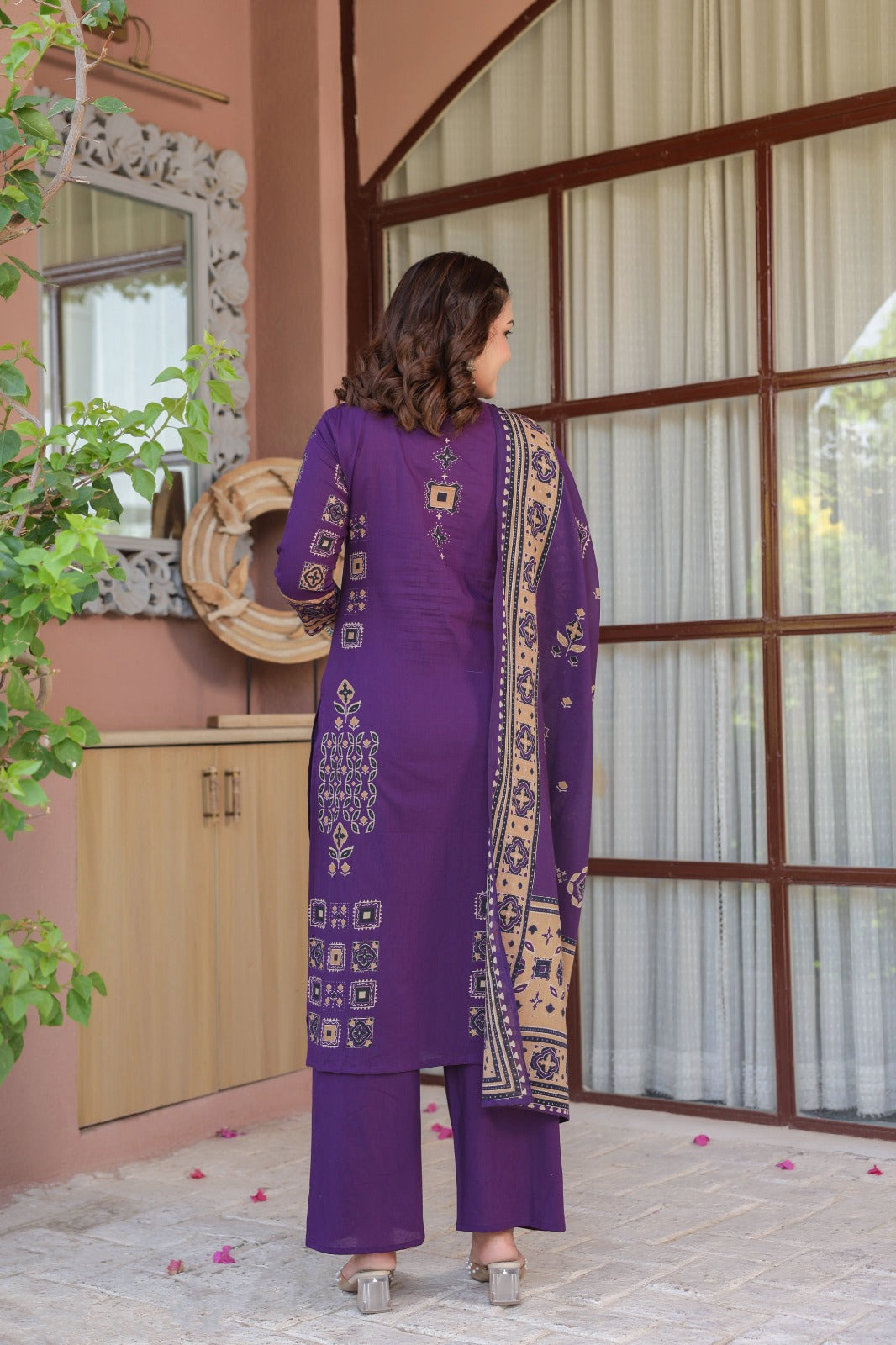 Purple Ajrakh Placement Cotton Dupatta Suit