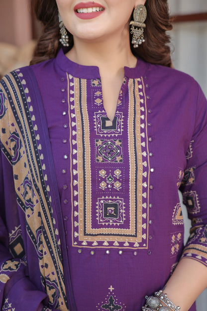 Purple Ajrakh Placement Cotton Dupatta Suit