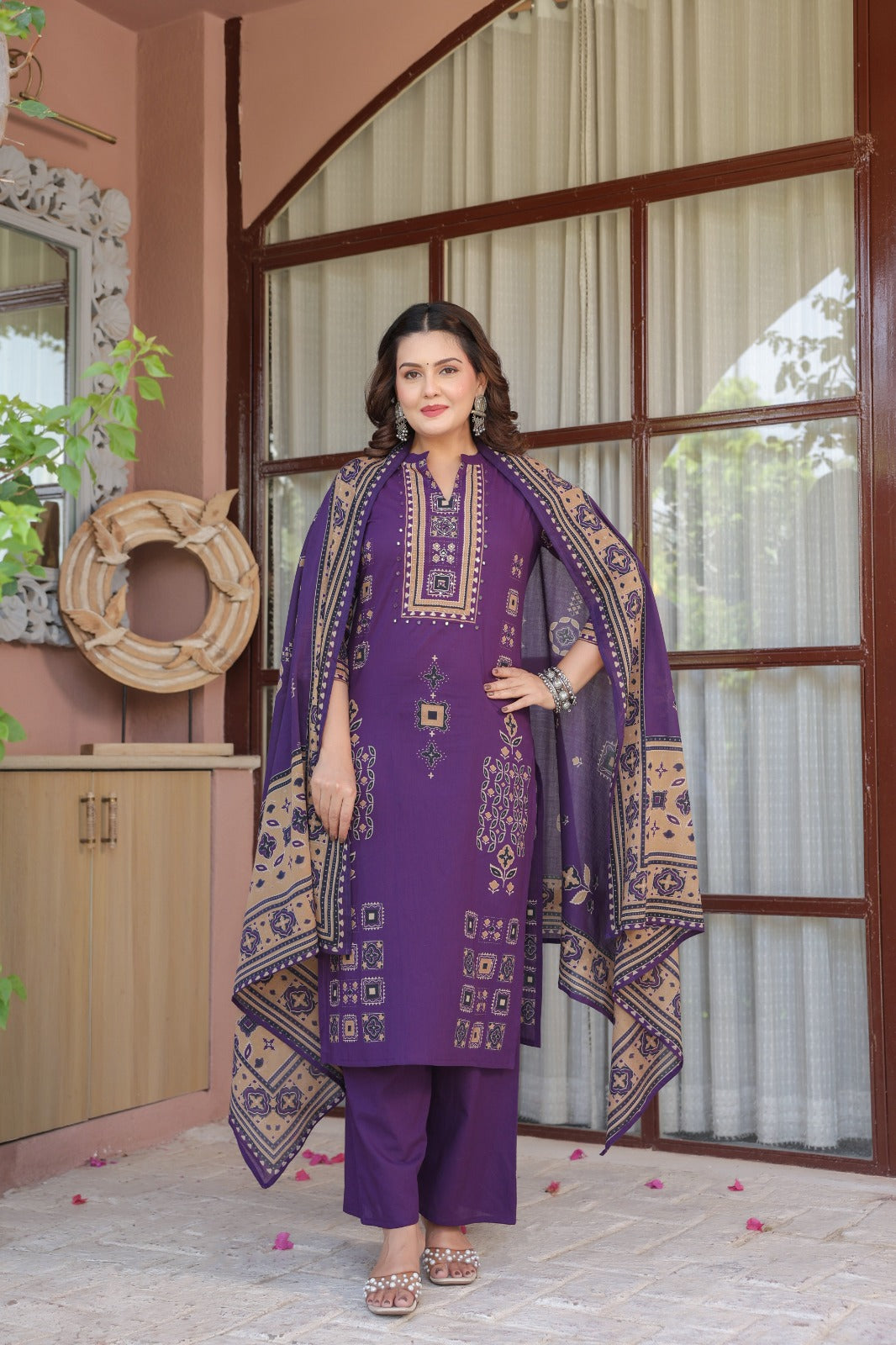 Purple Ajrakh Placement Cotton Dupatta Suit