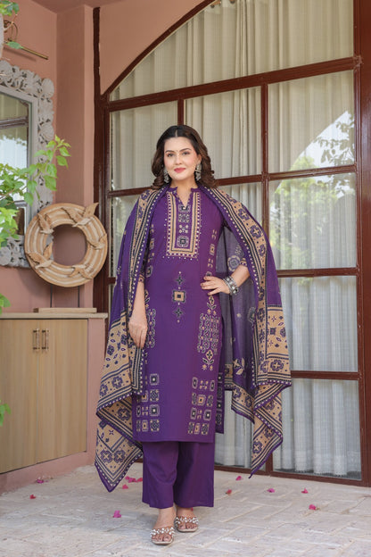 Purple Ajrakh Placement Cotton Dupatta Suit