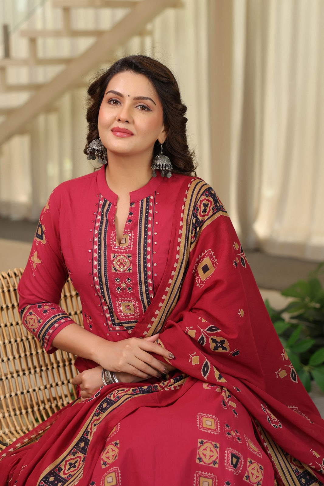 Cranberry Ajrakh Placement Cotton Dupatta Suit