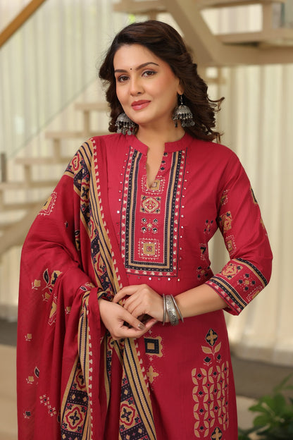 Cranberry Ajrakh Placement Cotton Dupatta Suit