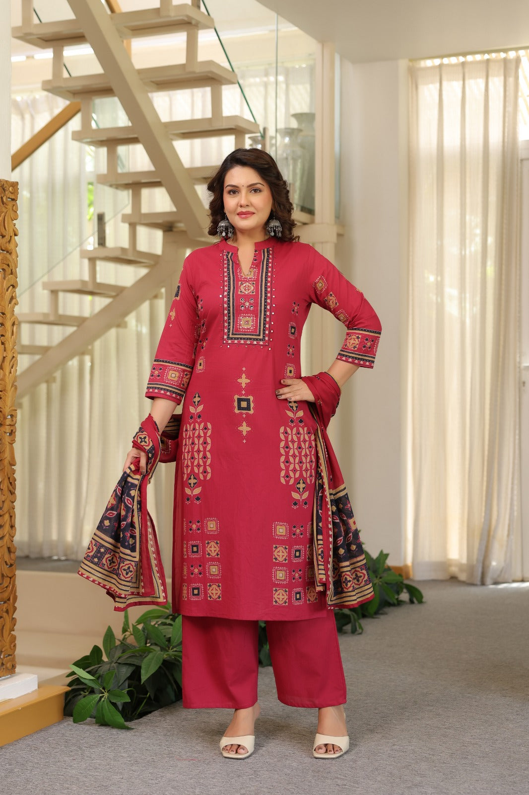 Cranberry Ajrakh Placement Cotton Dupatta Suit