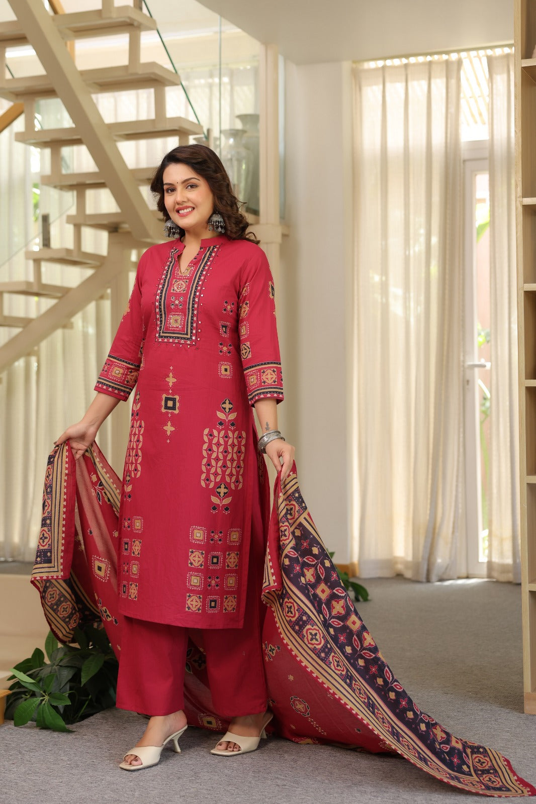 Cranberry Ajrakh Placement Cotton Dupatta Suit