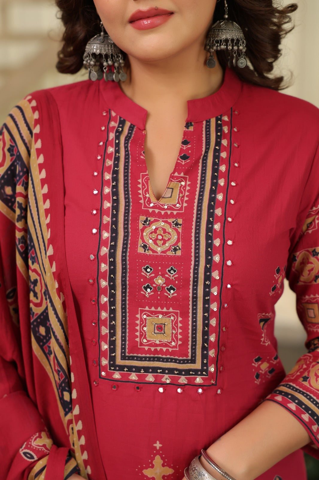Cranberry Ajrakh Placement Cotton Dupatta Suit