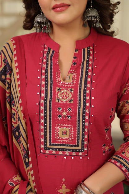 Cranberry Ajrakh Placement Cotton Dupatta Suit