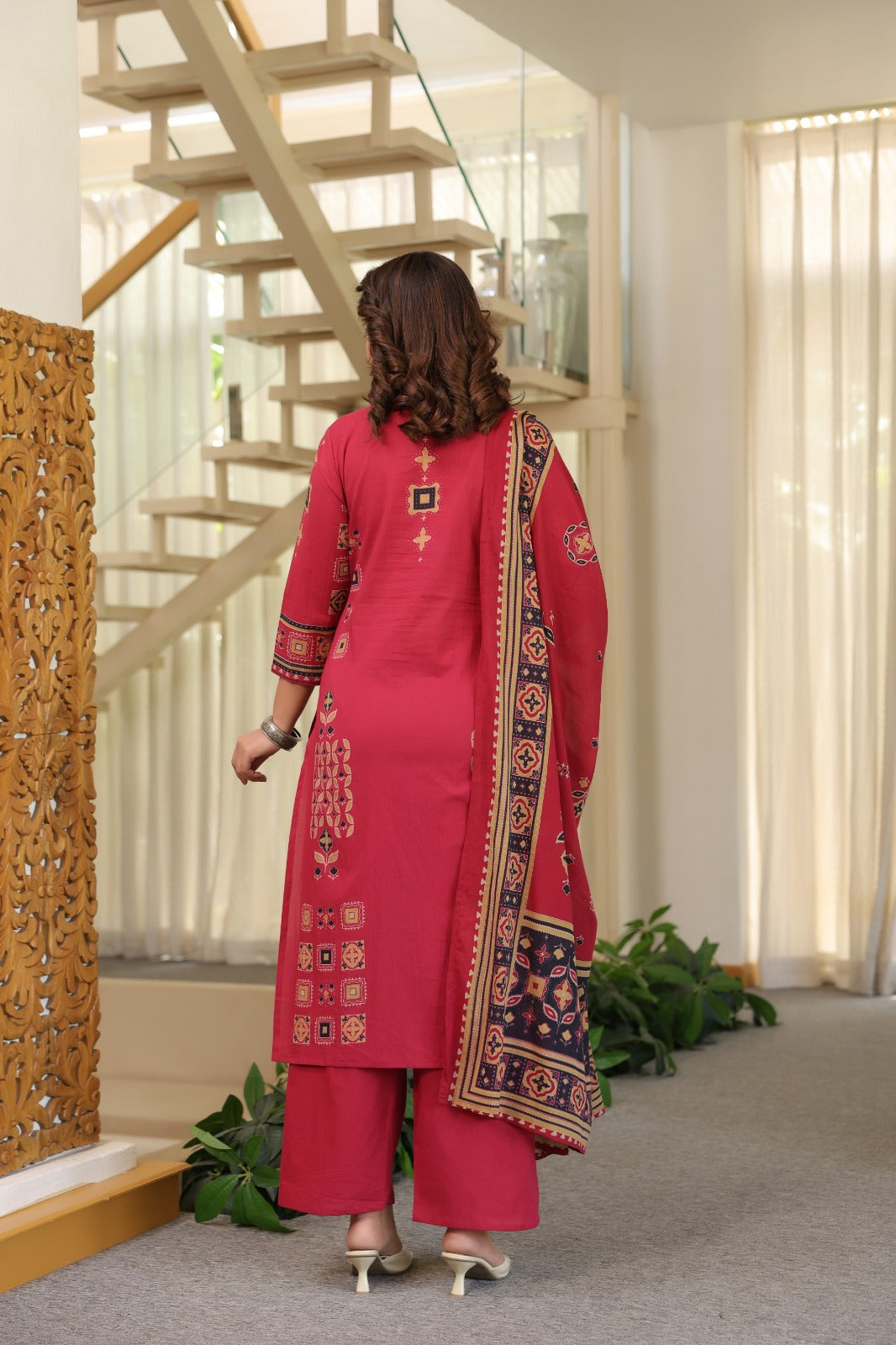 Cranberry Ajrakh Placement Cotton Dupatta Suit