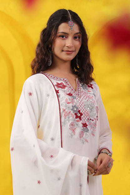 White Red Chandni Embroidery Mul Cotton Suit